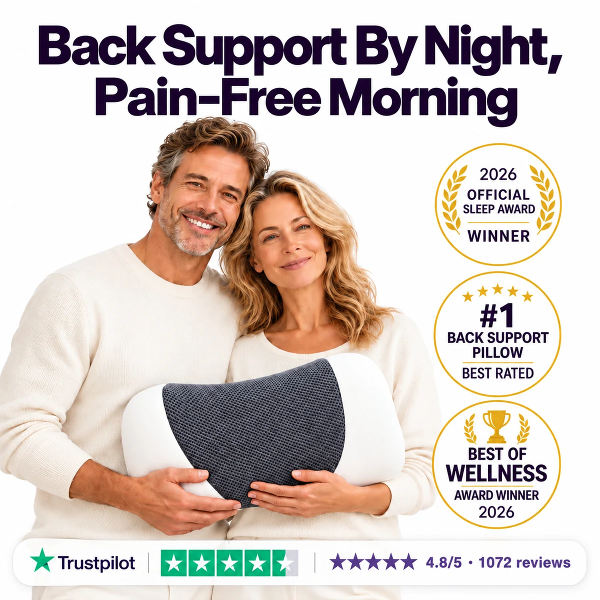 A couple holding the Volara Pro lumbar support pillow, with Volara award badges