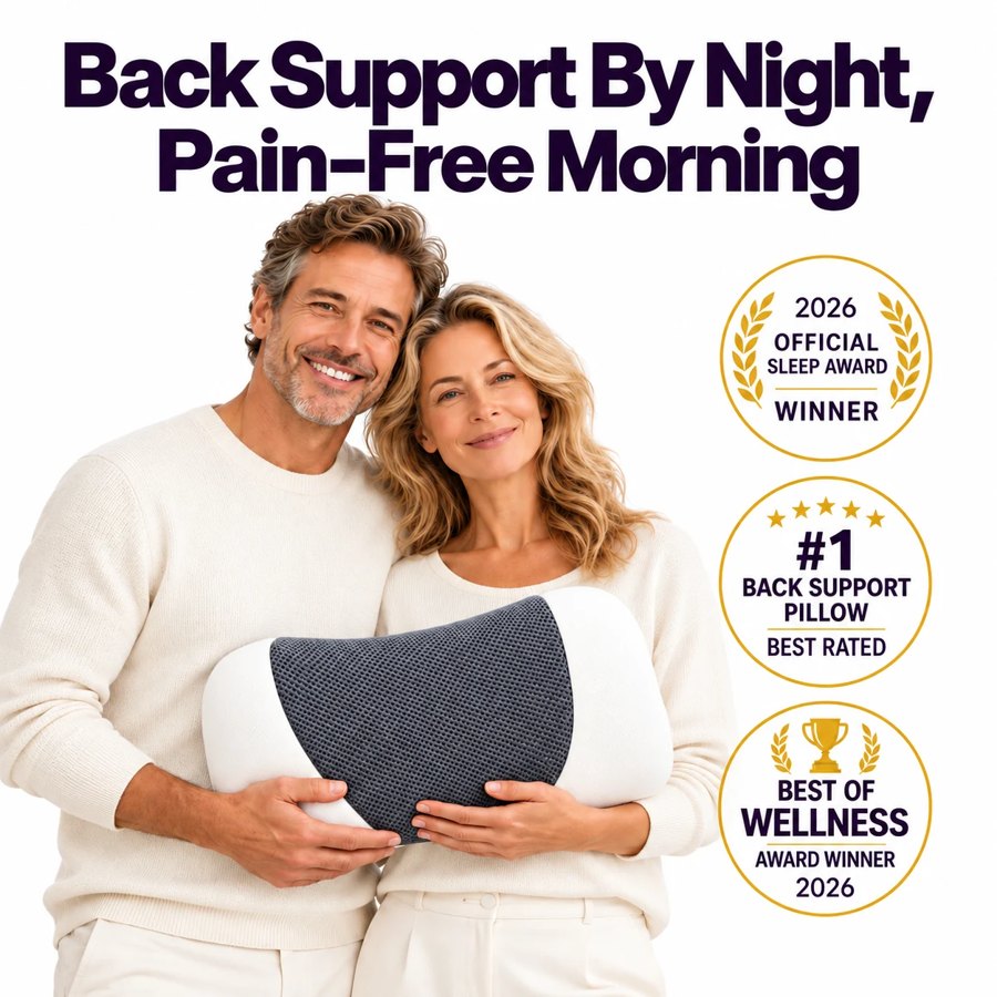 A couple holding the Volara Pro lumbar support pillow, with Volara award badges