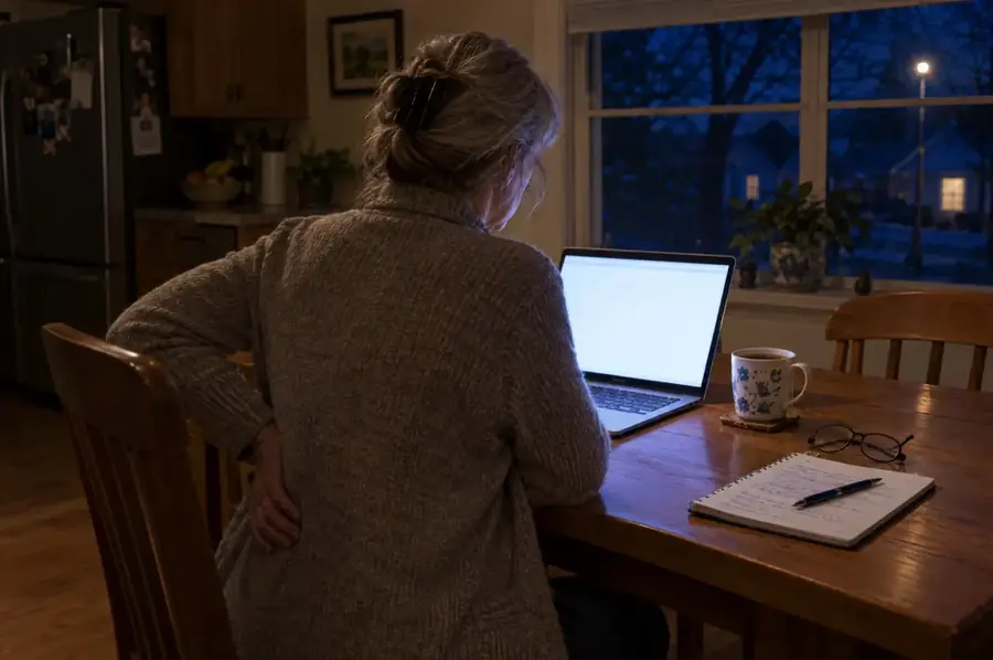 A laptop glowing on a kitchen table at night beside a mug and reading glasses