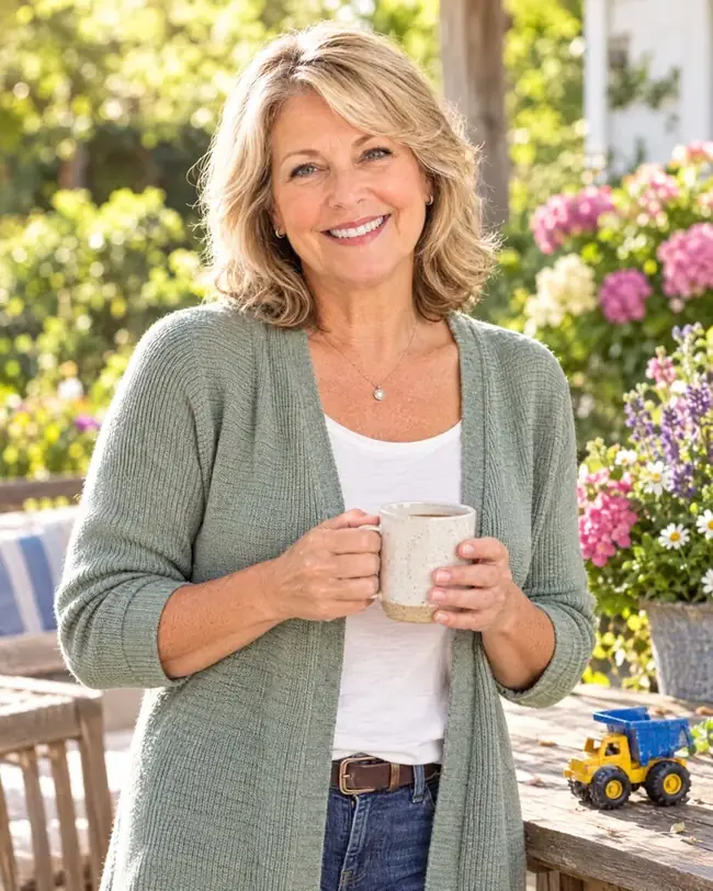 Anne smiling on her garden patio with a coffee