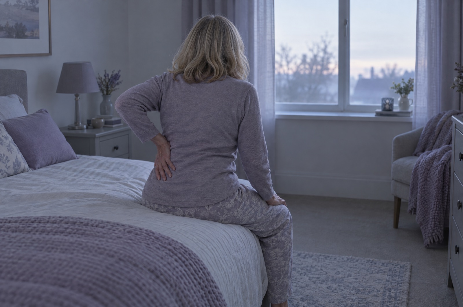 A woman sitting on the edge of her bed at dawn, hand pressed to her lower back