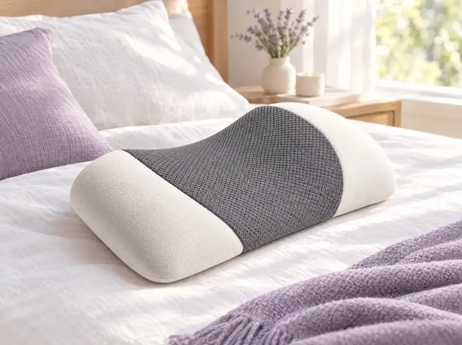 The Volara Pro lumbar support pillow on a white linen bed in morning light