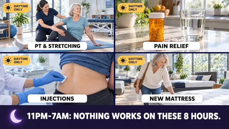 Physio and stretching, pain relief, injections and a new mattress are all daytime only. From 11pm to 7am, nothing works on those 8 hours.